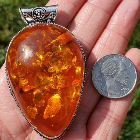 Jewelry - Huge Baltic Amber Silver Pendant 3"